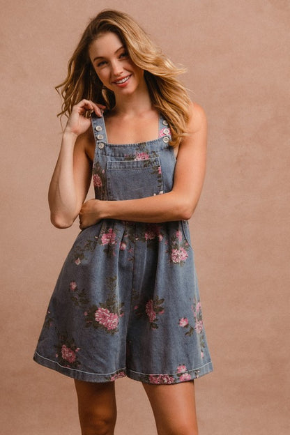 BiBi Flower Printed Wide Strap Denim Short Overalls