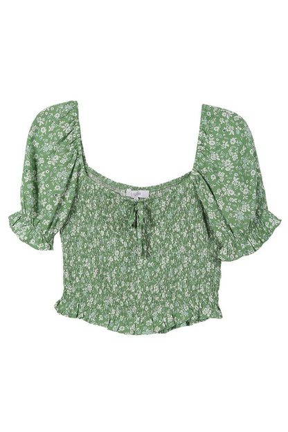 LILOU Green Floral Puffed-sleeves Smocked Top