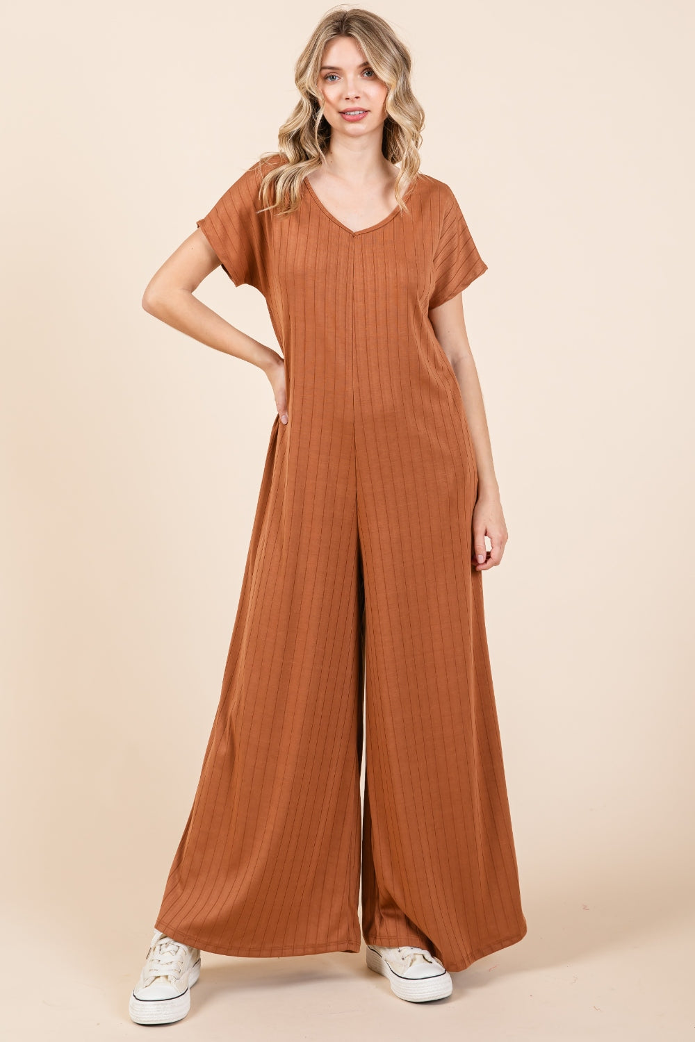 BOMBOM Women's Casual Camel Ribbed Short Sleeve Wide Leg Jumpsuit