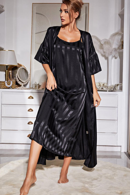 H2J Striped Flounce Sleeve Open Front Robe and Cami Pajama Dress Set