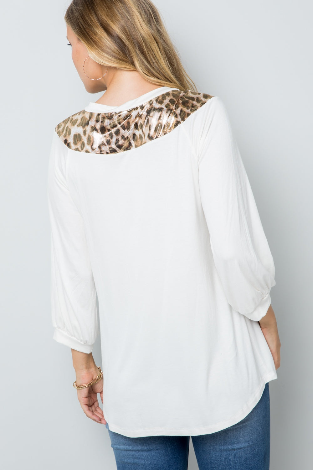 CELESTE Full Size Leopard Contrast Top with Balloon Sleeves