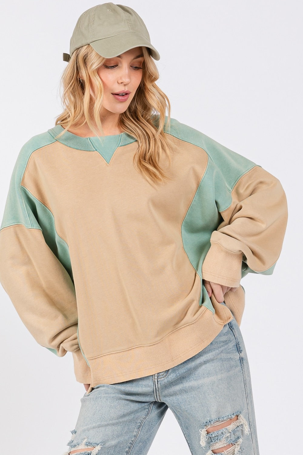 SAGE + FIG Boxy Color Block Round Neck Street Sweatshirt