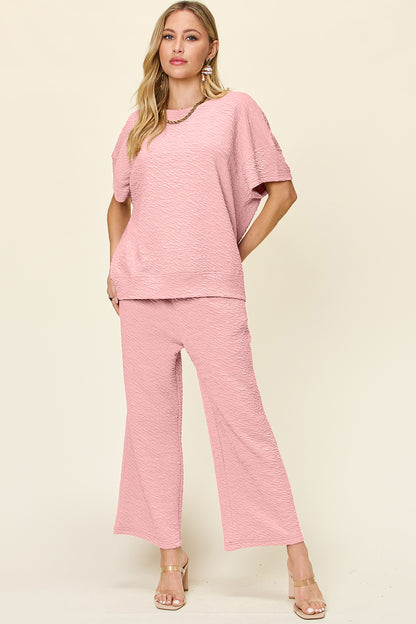 DOUBLE TAKE Full Size Texture Short Sleeve Top and Pants Set