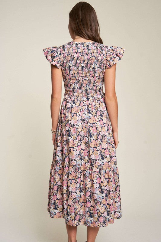 DAVI & DANI Vintage Garden Floral Flutter Smocking Midi Dress