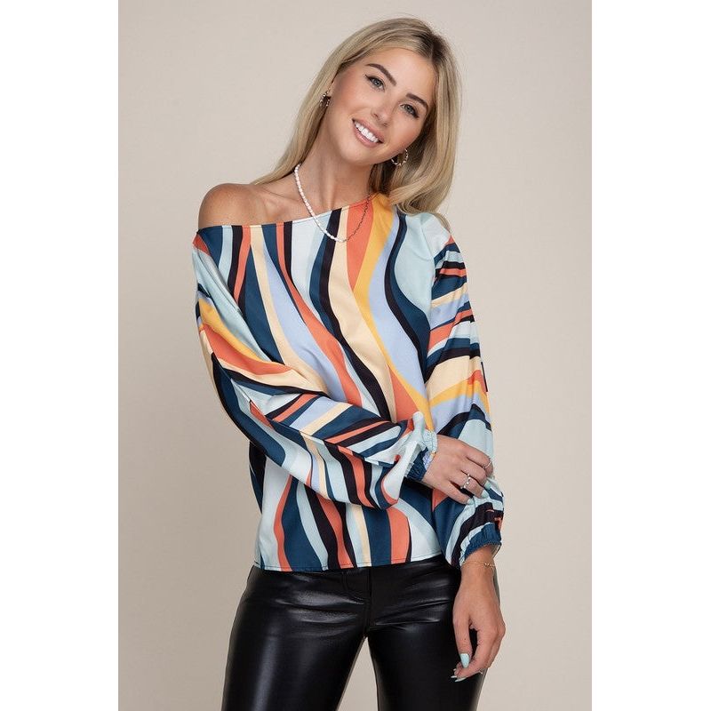 Colorblock Boat Neck Bishop Sleeve Blouse