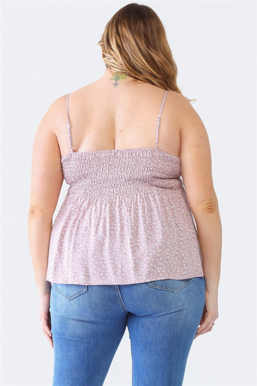 ZENOBIA Plus Size Frill Smocked Floral Sweetheart Neck Cami