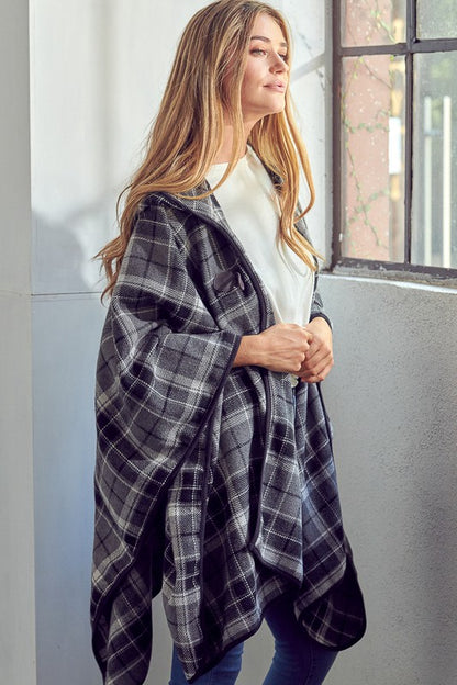 E LUNA Toggle Close Plaid Poncho