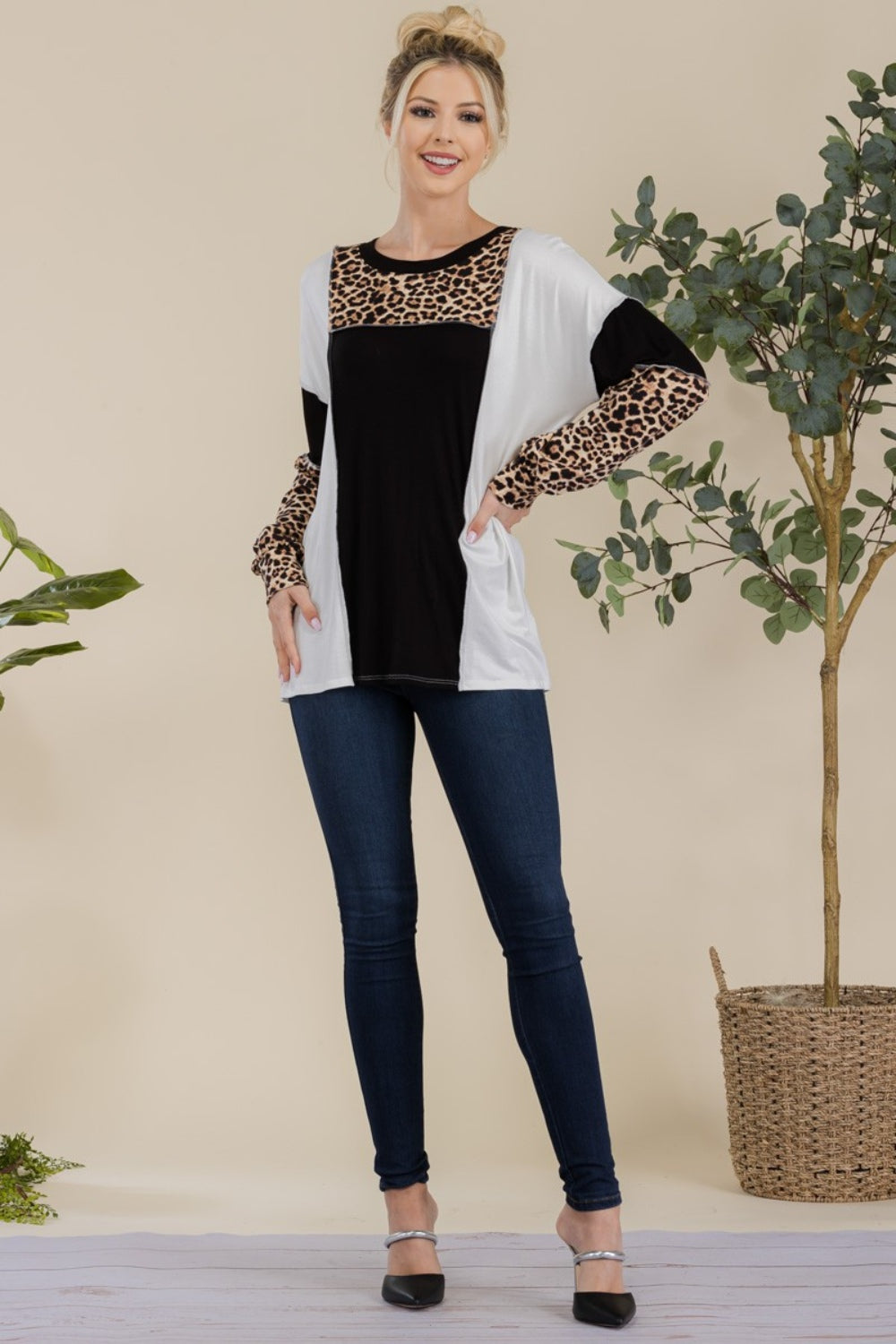 CELESTE Full Size Leopard Color Block Exposed Seam T-Shirt