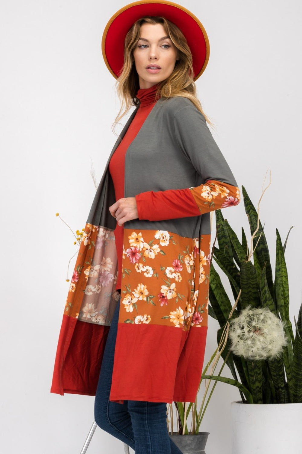 CELESTE Full Size Floral Color Block Open Front Cardigan