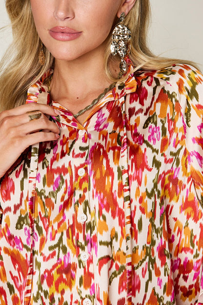 DOUBLE TAKE Full Size Printed Tied Neck Long Sleeve Blouse