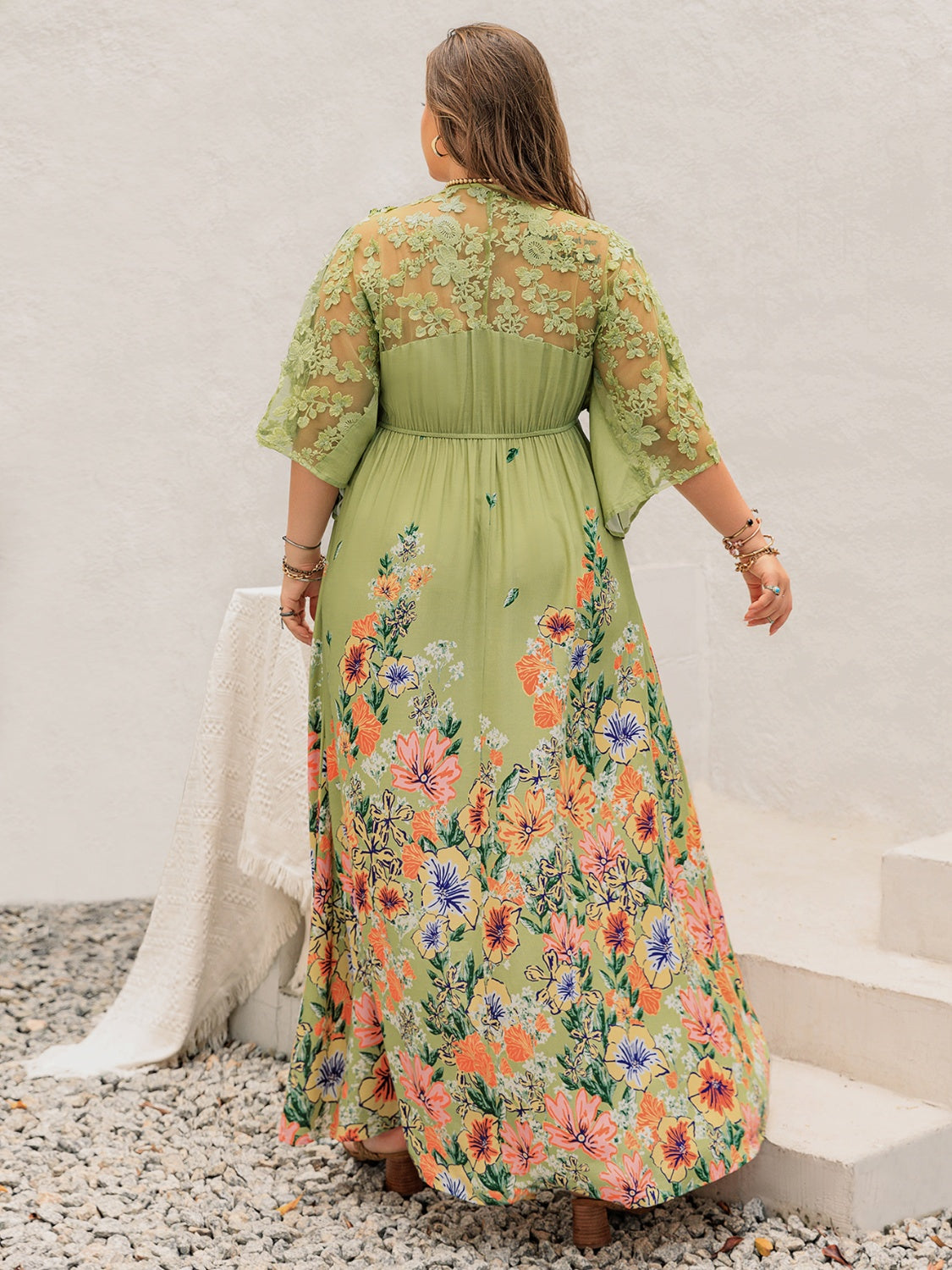 H.R.Z. Plus Size Lace Detail Floral Half Sleeve Maxi Dress