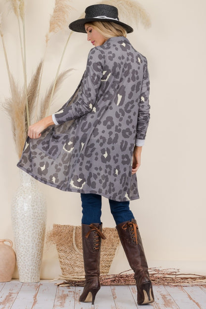 CELESTE Full Size Leopard Open Front Autumn Contrast Cardigan