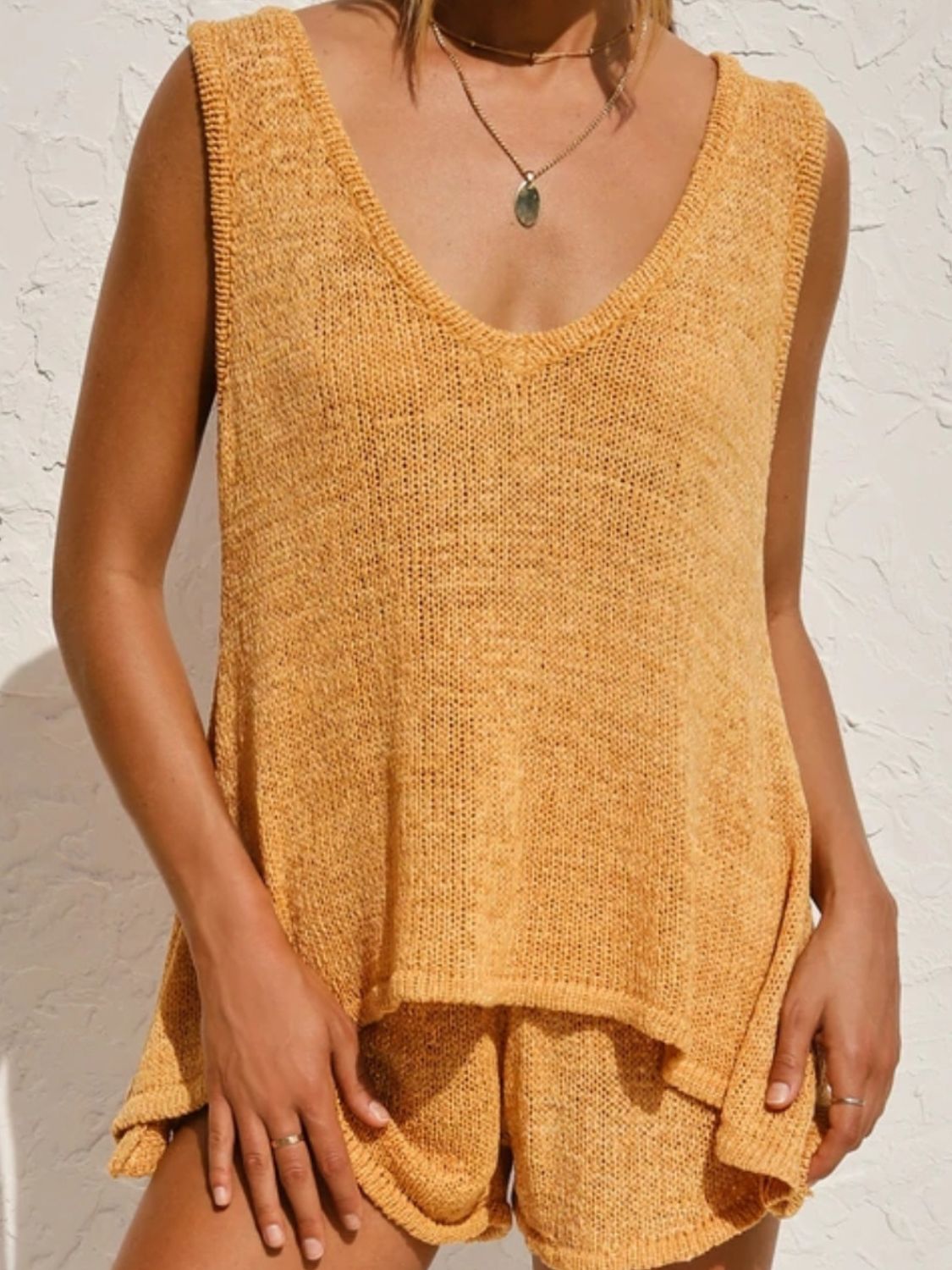 M.Z.Y V-Neck Sleeveless Top and Drawstring Shorts Sweater Set