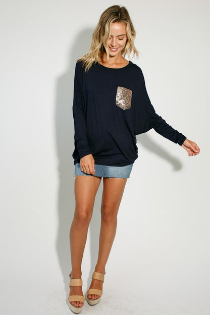 E LUNA Dolman Long Sleeves Top with Sequined Pocket