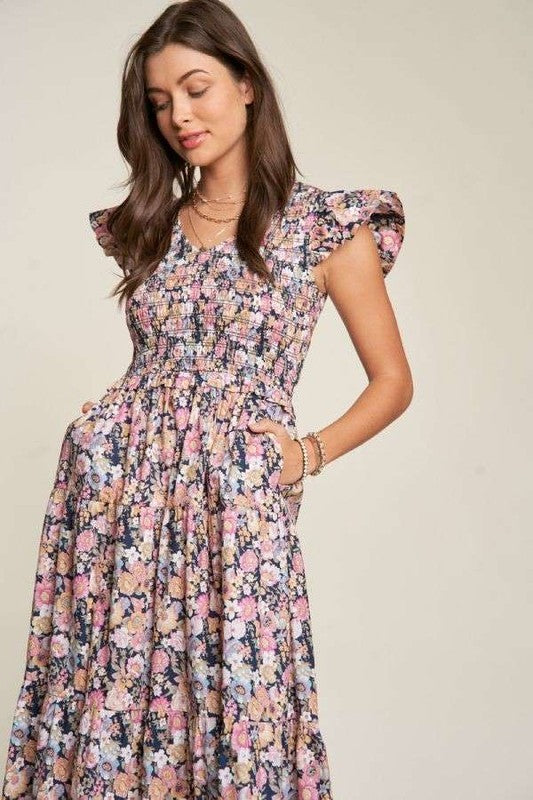 DAVI & DANI Vintage Garden Floral Flutter Smocking Midi Dress