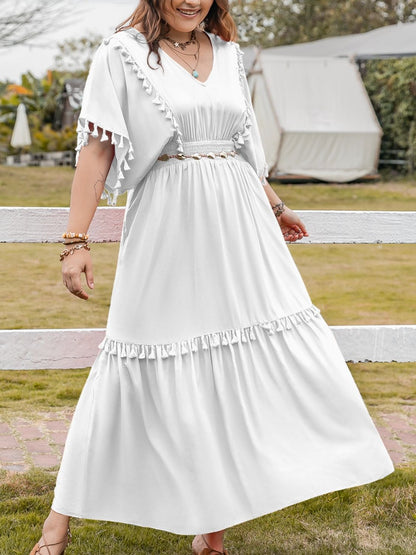 H.R.Z. Women's Plus Size White Maxi Boho Tassel Dress with Smocked V-Neck & Half Sleeve