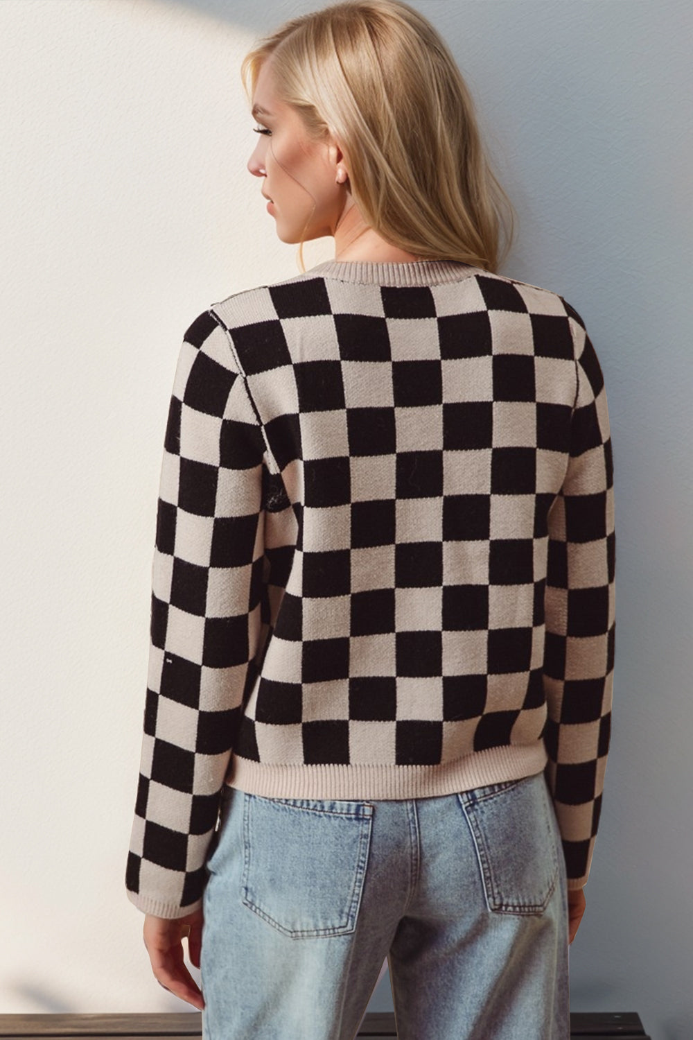 DOUBLE TAKE Full Size Checkered Tie Front Long Sleeve Short Sweater Cardigan