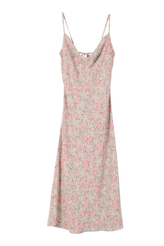 LILOU Casual Floral Print Dress with Cowl Neck & Open Back - SL summer dress