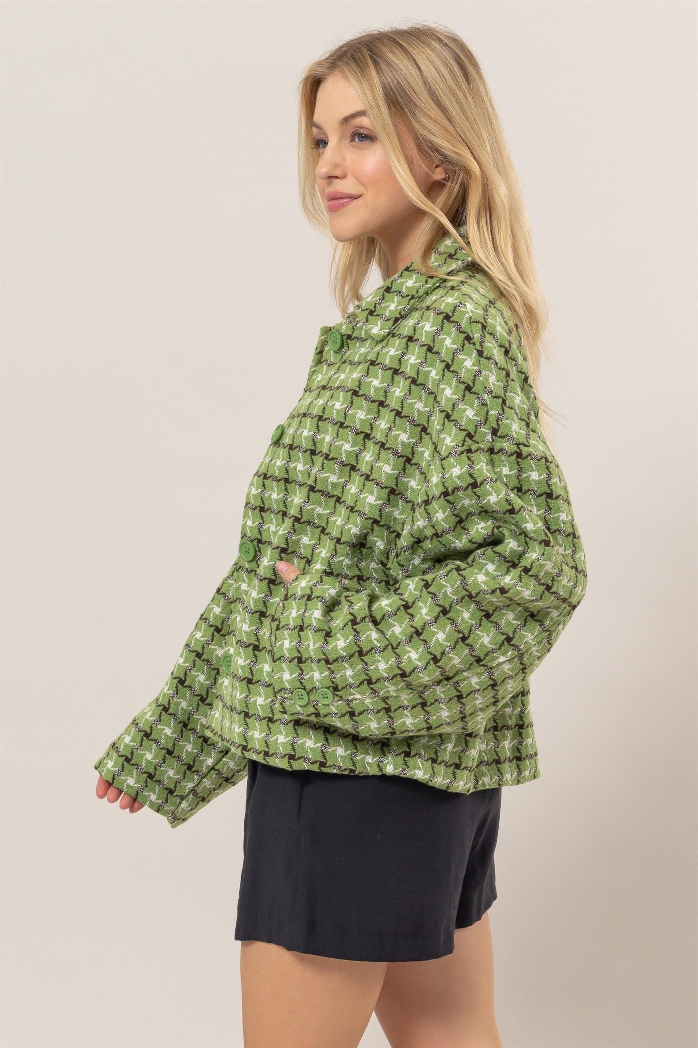 HYFVE Green Tweed Plaid Button Up Collared Neck Jacket with Dropped Shoulders