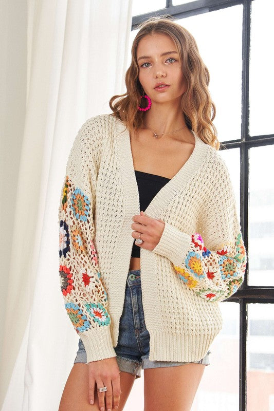 ADORA Women's Ivory Full Size Contrast Crochet Open Front Long Sleeve Cardigan