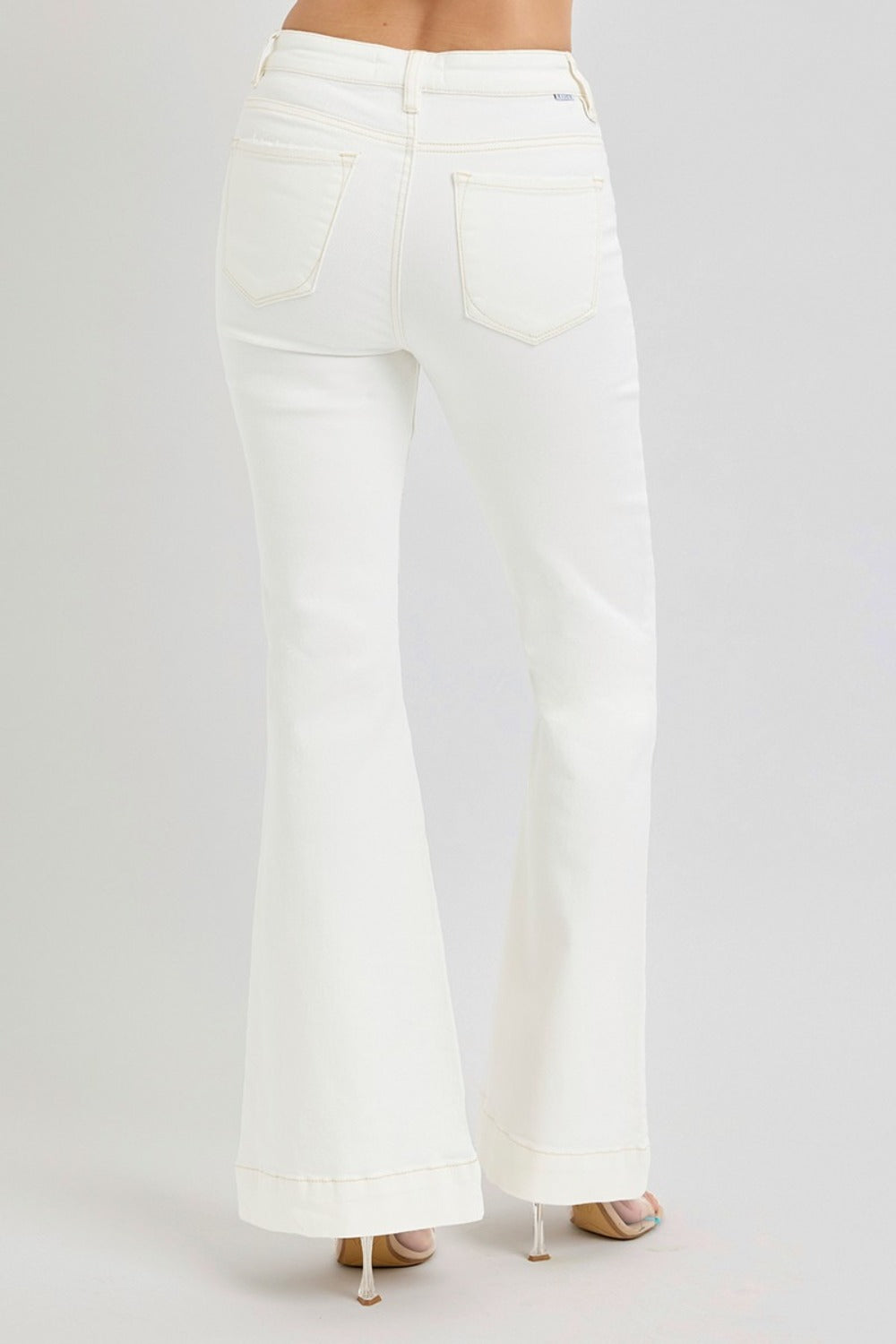 RISEN Cream Full Size High Rise Front Patch Pocket Flare Bell-ankle Jeans