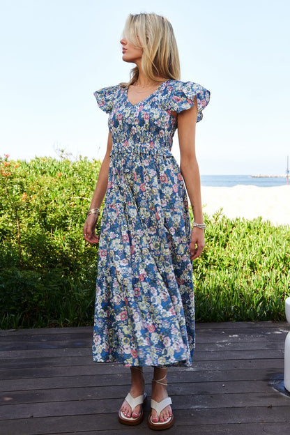 DAVI & DANI Vintage Garden Floral Flutter Smocking Midi Dress