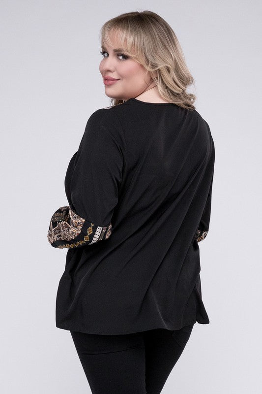 NUVI APPAREL Black Plus-size Tie Neck Patchwork Blouse