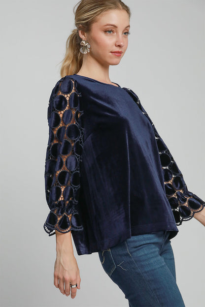 Umgee Women's Navy Polka Dot Lace Long Sleeve Round Neck Blouse