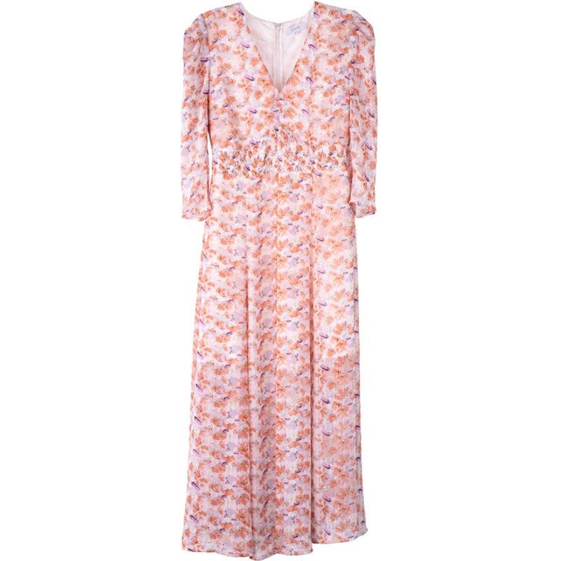 LILOU Floral Chiffon V-neckline Maxi Dress