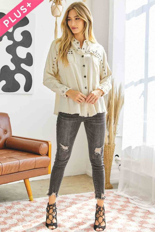 DAVI & DANI PLUS Distressed hem button down oversize shirt