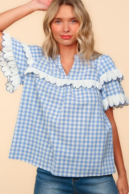 Haptics Women's Sky-Blue Full Size Plaid Scallop Hem Notched Short Sleeve Blouse