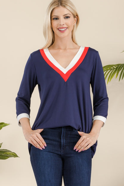 CELESTE Women's Full size 3/4 Sleeves Navy Top with V-Neck Contrast