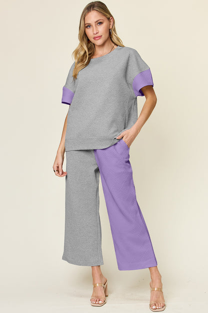 DOUBLE TAKE Full Size Texture Contrast T-Shirt and Wide Leg Pants Set