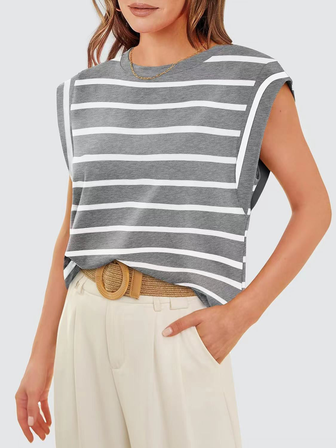 Striped Round Neck Cap Sleeve Sweater Top