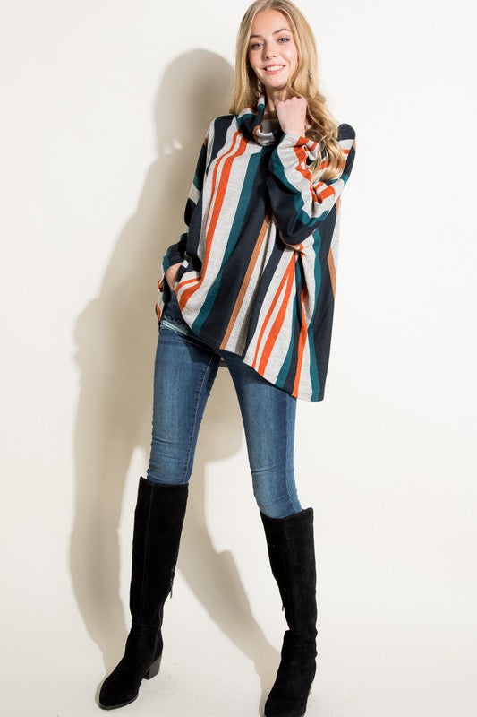 E LUNA Turtleneck Striped Oversized Top