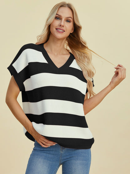 DOUBLE TAKE Full Size Striped V-Neck Short Sleeve Sweater