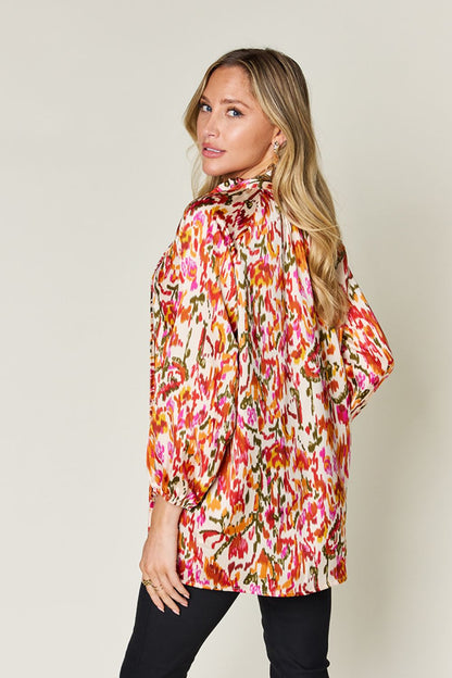 DOUBLE TAKE Full Size Printed Tied Neck Long Sleeve Blouse