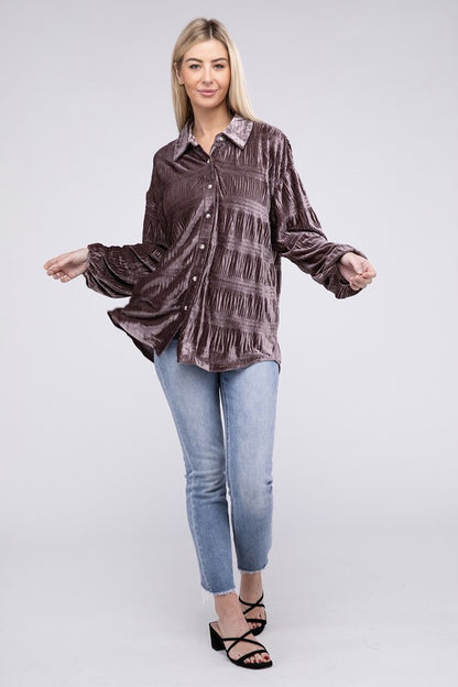 BiBi Wrinkle Effect Tiered Shirring Velvet Shirt