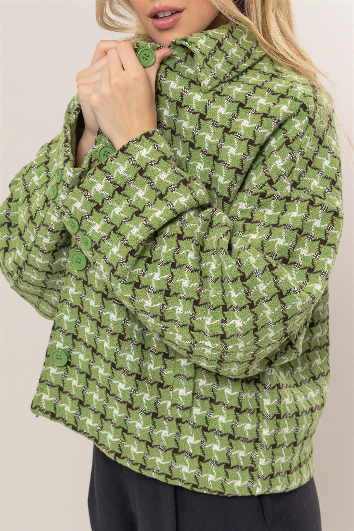 HYFVE Green Tweed Plaid Button Up Collared Neck Jacket with Dropped Shoulders