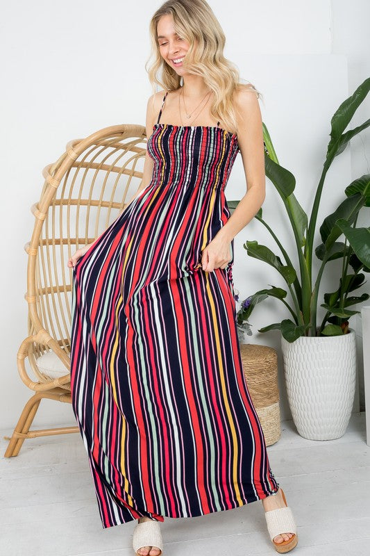 E LUNA Stripe Smocked Maxi Tank Dress