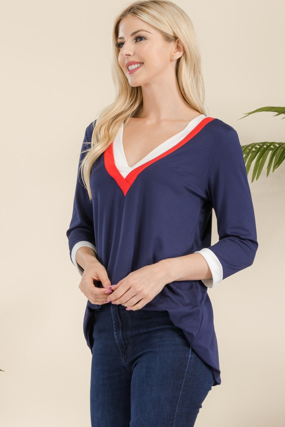 CELESTE Women's Full size 3/4 Sleeves Navy Top with V-Neck Contrast