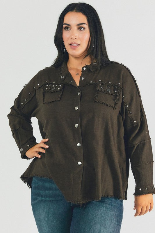 DAVI & DANI PLUS Distressed hem button down oversize shirt