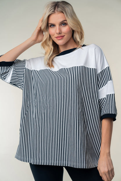 WHITE BIRCH Full Size Striped Contrast Round Neck Top