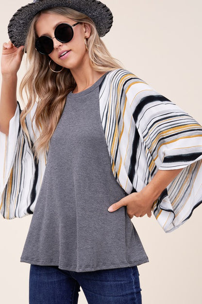 E LUNA Waffle Stipe Mix Kimono Top