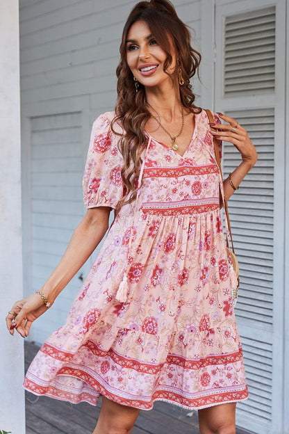 Casual Boho Floral Tie Neck Short Sleeve Mini Dress