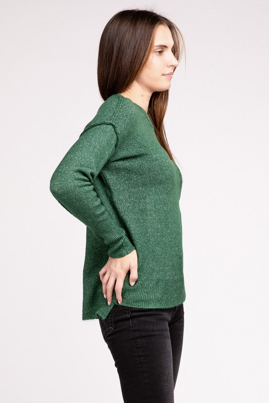 ZENANA Melange Hi-Low hem Round Neck Sweater