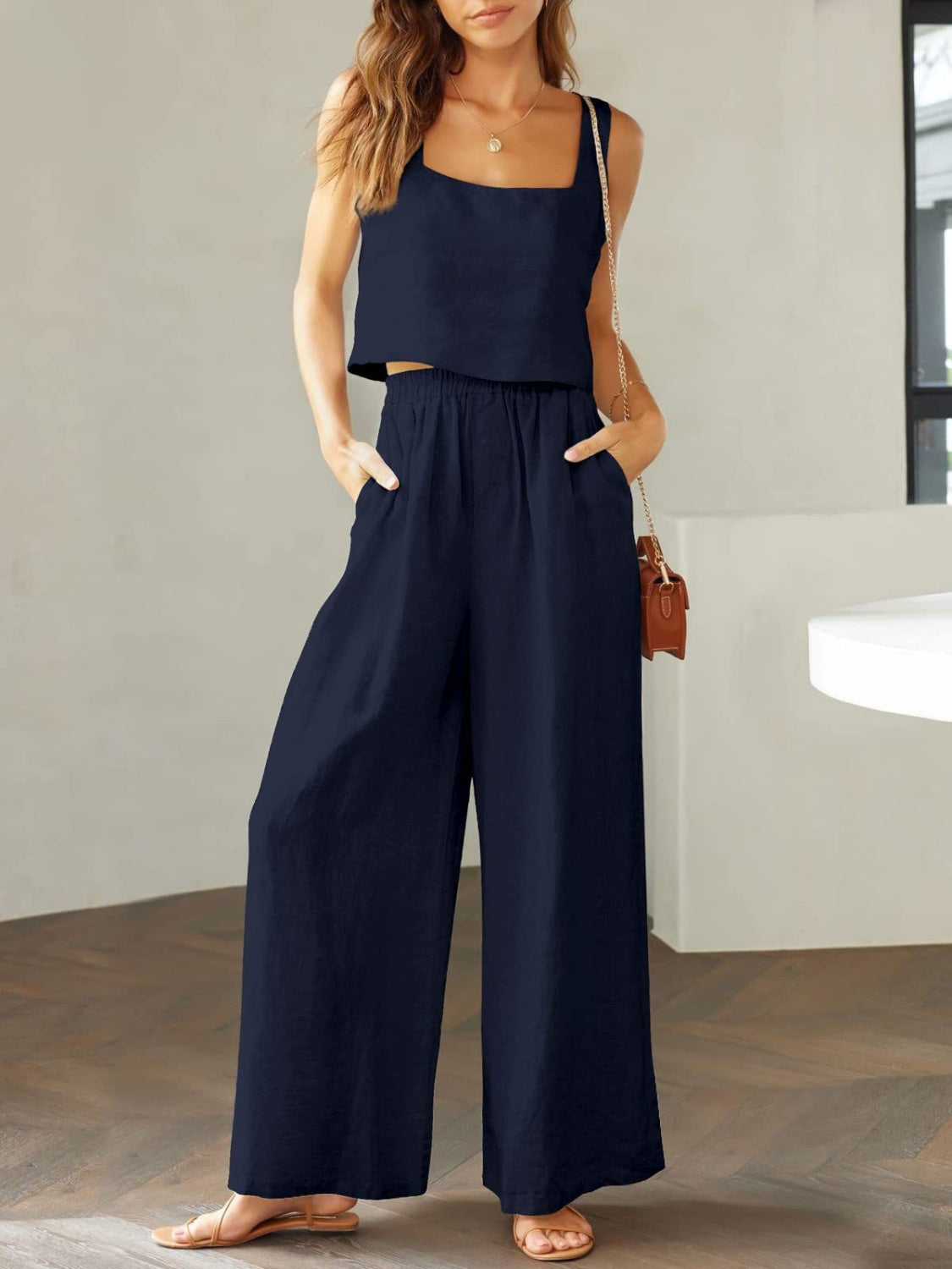 Stylish 2 Piece Square Neck Top and Wide Leg Pants Set