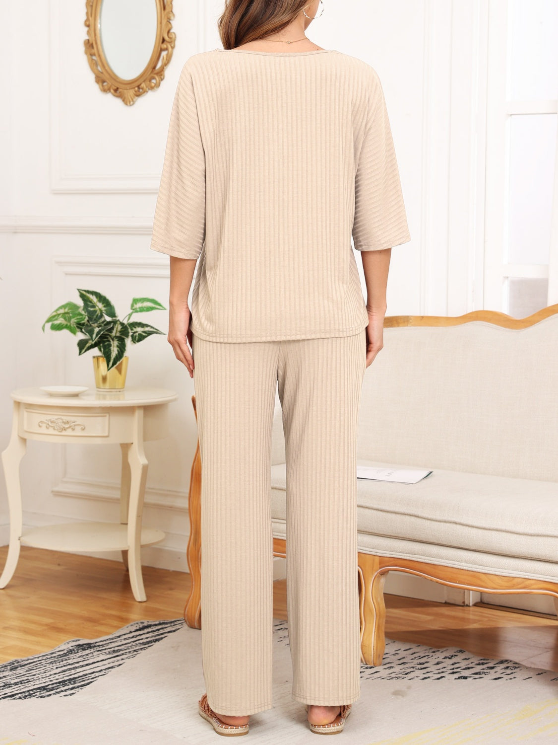 A&D Ribbed Half Sleeve Top and Pocketed Pants Lounge Set