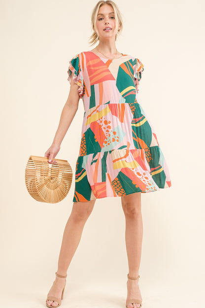 AND THE WHY Printed Double Ruffle Sleeve Dress