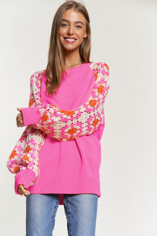 DAVI & DANI Crochet Detailed Long Sleeve Knit Sweater Top